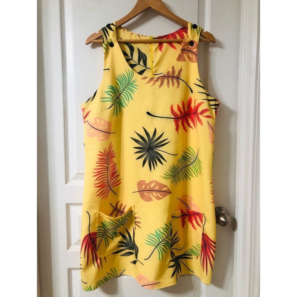YELLOW FLORAL COVERALL/BIB DRESS w FRONT POCKETS SZ XL